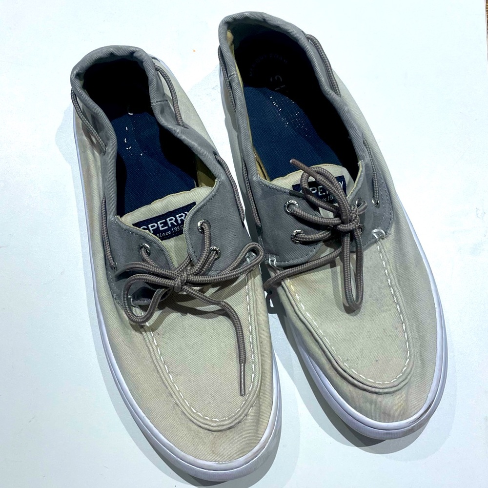 Sperry Gray and Cream Boat Shoes with Durable Sole